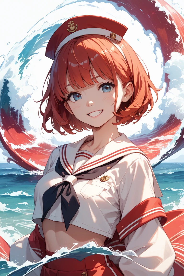 masterpiece,best quality,1girl,Beni_Enma,short hair,bangs,parted bangs,red hair,(school swimsuit),buoy,smile,beach,ocean,sunlight,<lora:beni:0.6>,