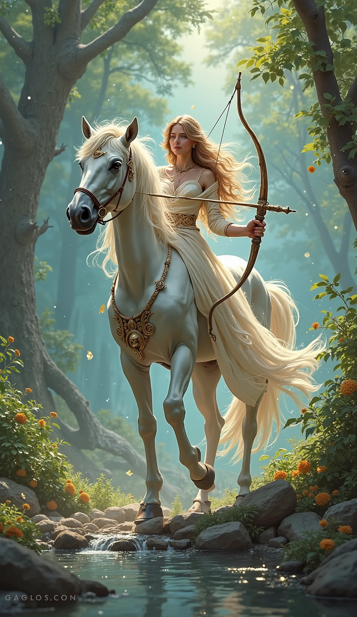 "Imagine a captivating female centaur born from the tales of ancient Greek or Roman mythology. Picture her with a regal and imposing presence, standing tall and proud on four strong equine legs. Her coat glistens like polished marble, a fusion of ethereal white and subtle hints of gold, reflecting the divine qualities of the gods themselves.
Her upper body exudes an air of wisdom and authority, reminiscent of a goddess. She possesses flowing locks of silvery hair, cascading down her back like a waterfall of moonlight. Her eyes, a mesmerizing shade of deep azure, hold both the depths of the ocean and the vastness of the sky, revealing her innate connection to the elements.
Upon her forehead rests a delicate diadem adorned with intricate patterns and gemstones that emit a gentle luminescence. Her chest is adorned with a breastplate intricately etched with scenes from ancient myths, each telling a story of bravery and resilience.
In one hand, she carries a staff adorned with intertwined vines and leaves, symbolizing her role as a guardian of nature and protector of the wild. On her back, rests a quiver of celestial arrows, each representing a different virtue or aspect of her character.
With every step she takes, the ground seems to vibrate with her power and grace, leaving a trail of blooming flowers in her wake. Her presence commands respect and admiration from mortals and immortals alike, a living embodiment of the harmonious blend of strength, wisdom, and beauty found within the realms of Greek and Roman mythology."