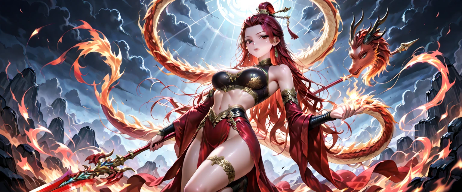 Shampoo beautiful with her red Asian outfit and garters big breasts and big hips small waist full body purple hair very close to her background screen a well done green dragon 