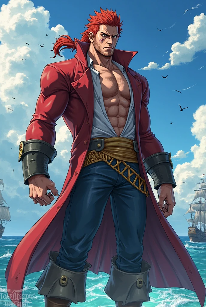 1male, Young Adult, Dark Red Hair, Light Pink Hair, ,Muscular, Curly Hair, Long Hair, Two Toned Hair, Sunglasses, Magenta Colored Eyes, Smirk, Standing On Beach