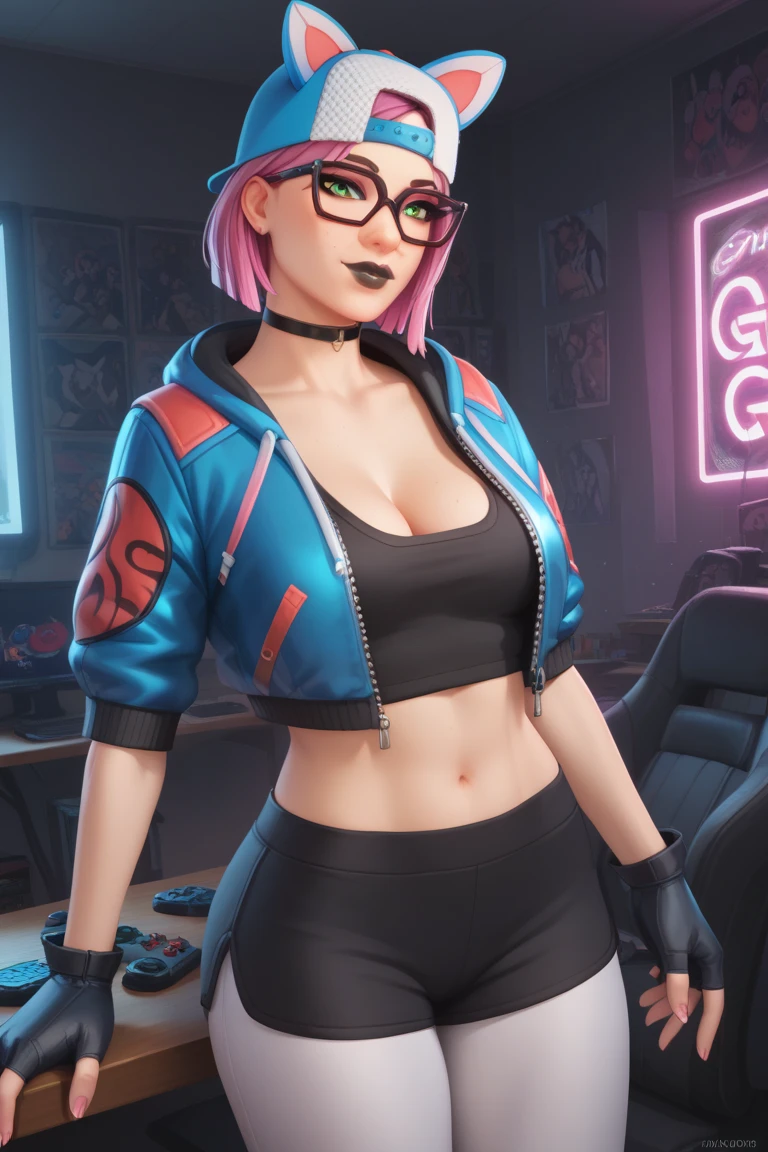 gafas de lince, chaqueta azul con negro, latex shorts, neon, pose femenino, ojos finos gafas
