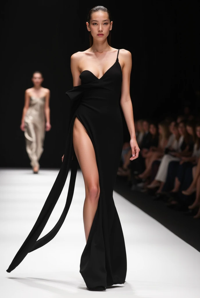 (Best quality, 8k, 32k, Masterpiece, UHD: 1.2), photo of beautiful black woman, 1girl, (medium-short dark brown hair), double eyelid, fashion model, beautiful legs, white maxi dress very wet single with slit, off-shoulder, gold belt, choker, high stand, catwalk, huge stage, Paris Collection, nsfw, full body, see through,,