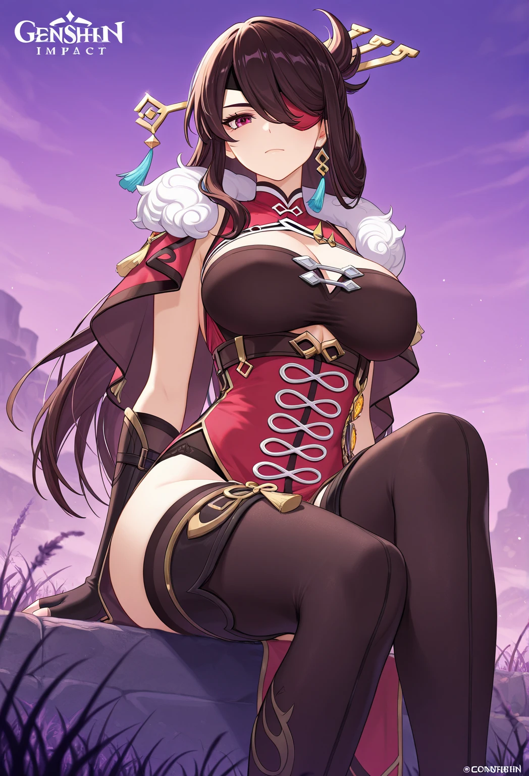 (Best quality details:1.22), 4K High definition, Ultra Detailed, high quality texture, intricate details, detailed texture, finely detailed, high detail, high quality shadow, detailed beautiful delicate face, detailed beautiful delicate eyes, depth of field, human, adult, milf, mommy, solo, short himecut, traditional japanese clothes, bloodred samurai armor, a woman in a black dress holding a sword, pale skin, amber eyes, dark brown hair, sad