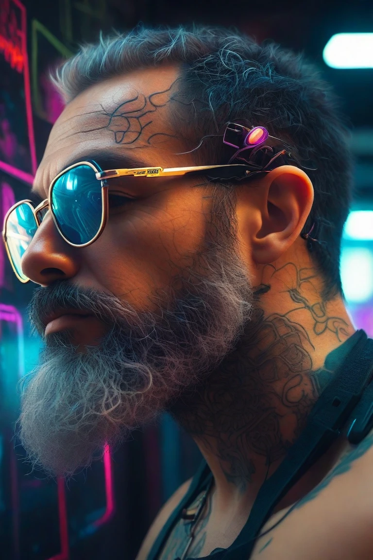 cyberpunk game style Boris Vallejo art style a bald man with (face Savva_face) with beard and a thoughtful expression on his face, detailed eyes, (full body covered by tattoo), He's standing in a half-turn . neon, dystopian, futuristic, digital, vibrant, detailed, high contrast, reminiscent of cyberpunk genre video games