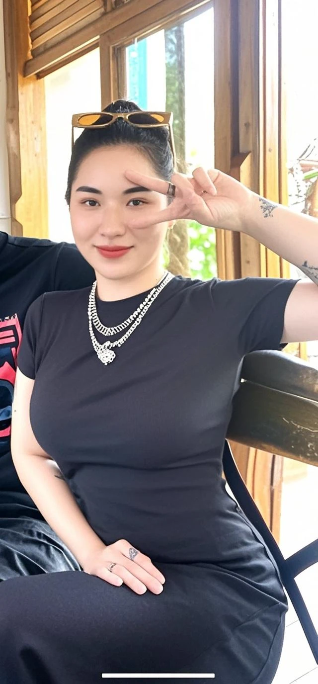 Big butt woman, sitting in front of the house