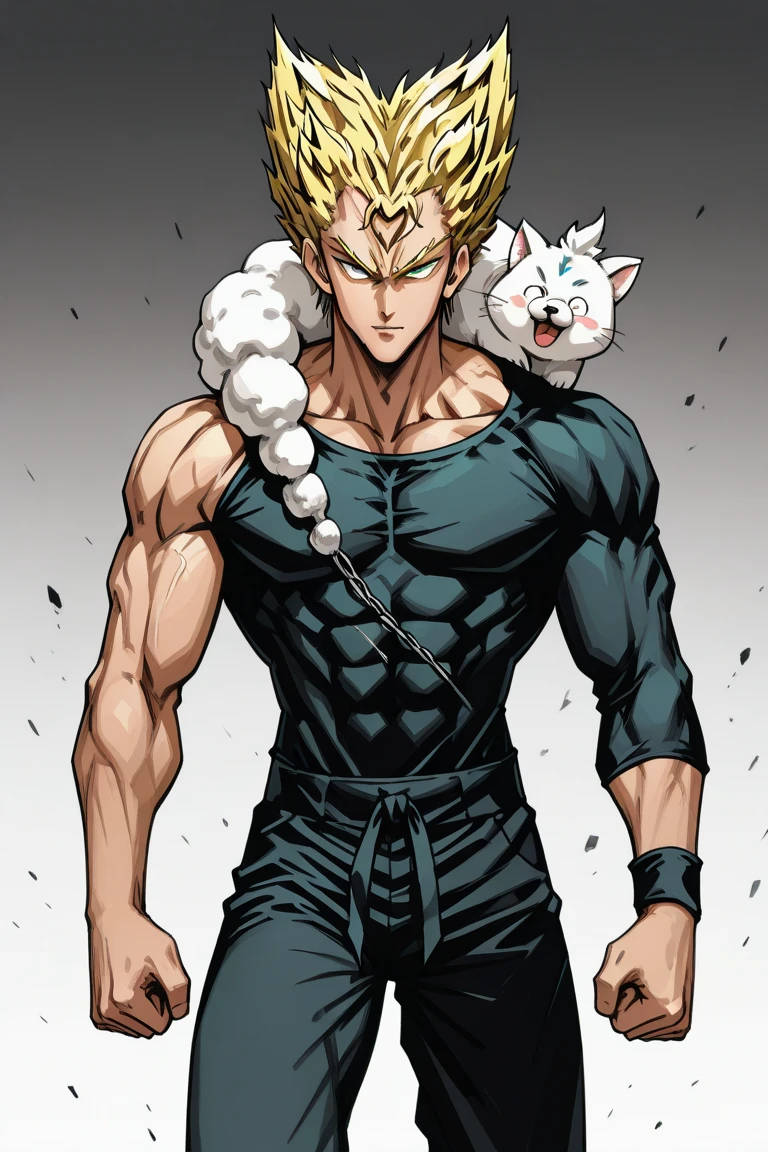 jujutsu kaisen satura gojo as a super realistic bodybuilder with cute cat pictures