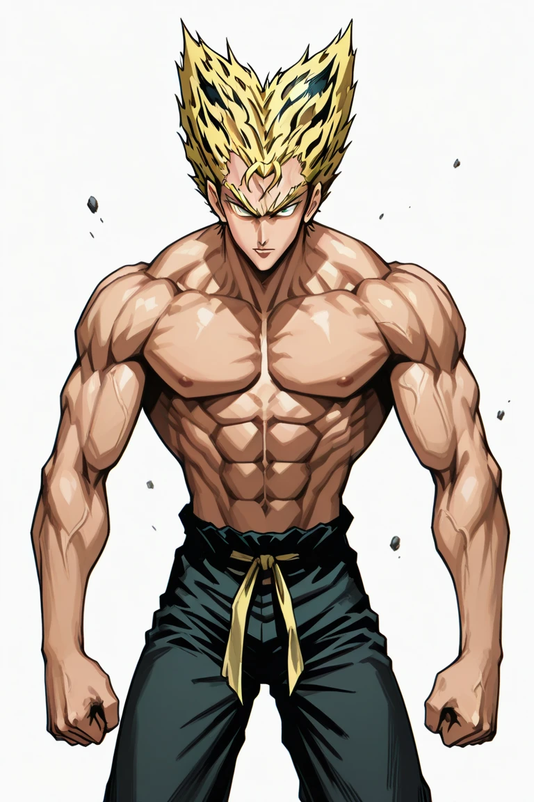 Black Clover Asta, fusion, son goku, 1boy, sword, grimoire, clover 5 leaves, brave, battle damage, blonde hair, blue belt, clenched teeth, furious, green eyes, male focus, muscular, muscular male, pectorals, band, solo, spiky hair, super saiyan, super saiyan 1, teeth, man topless, torn clothes, bracelet,OMPTS Copy best quality, realistic, photorealistic, award-winning illustration, (intricate details: 1.2), (delicate details), (intricate details), (cinematic light, best quality backlights), clear line, sharp focus, official art, unity 8k wallpaper, absurd, incredibly absurd, huge file size, ultra- (in_main_street:1.21), ((masterpiece))