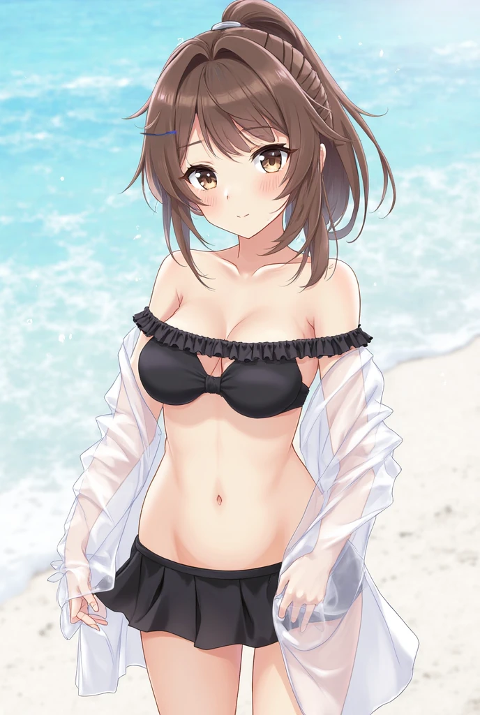 Highest quality、Big Breasts、Black Bikini、White T-shirt、The clothes are see-through、Your clothes are wet、Dog ears、Brown eyes、short hair、smile、belly button、Ocean