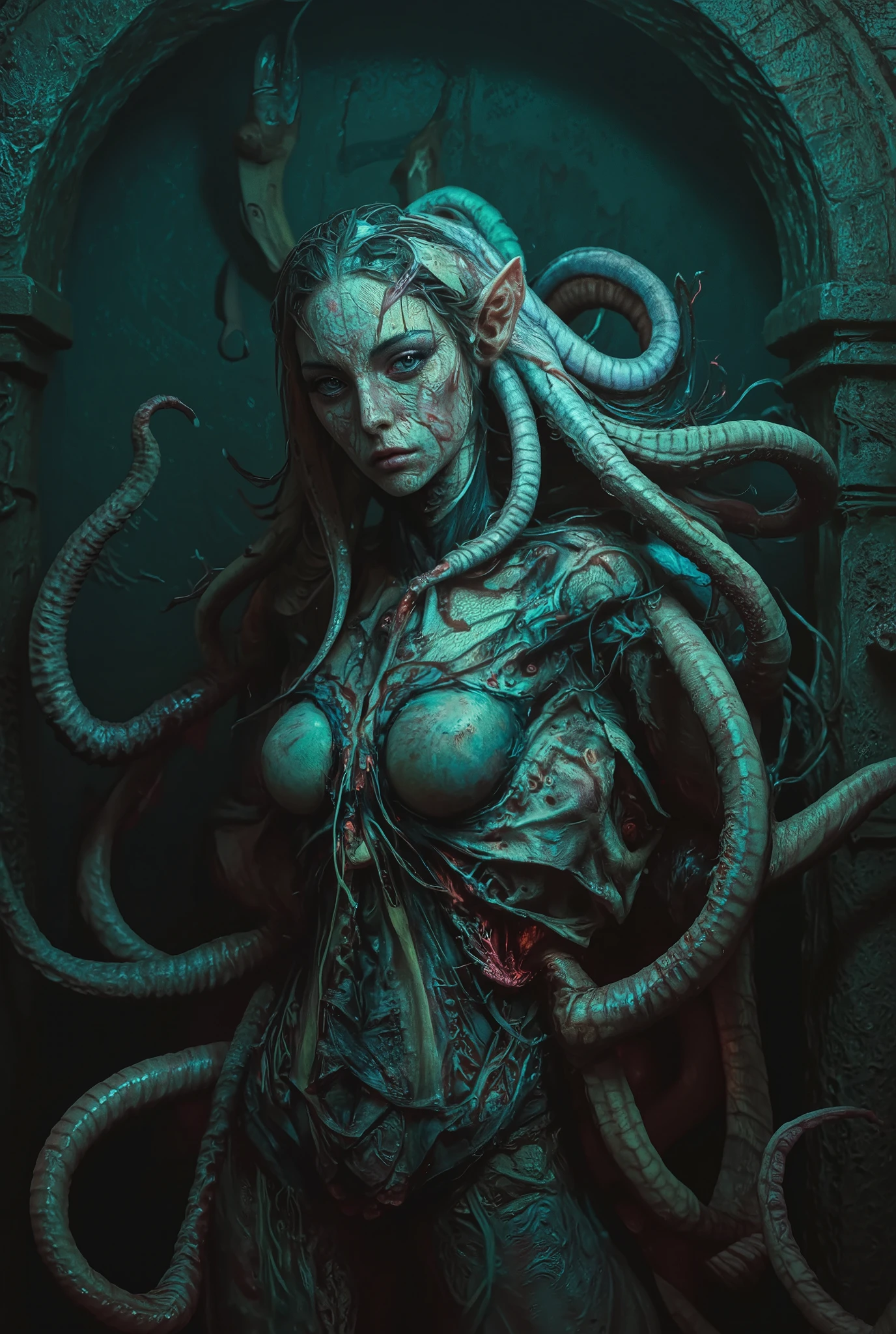 The Kuthulhu Mythos, an erotic fearsome monster, grotesque hybrid creature, part snail part beautiful human female part Ammonite part octpus, beautiful humanoid snail, uncanny genetic fusion, disturbing amalgamation, twisted amalgam, unsettling abomination, bizarre entity, unnatural monstrosity, disturbing hybrid, ghastly creature, sinister hybrid, eerie entity, unsettling hybrid, disturbing abomination, photorealistic, hyper-detailed, ultra-realistic, 8K, cinematic lighting, dramatic atmosphere, dark fantasy, vivid color palette, horror, surreal, nightmarish, gothic, chiaroscuro, dramatic lighting, moody, ominous, sinister, foreboding, shrouded in shadows, dramatic focal point, dramatic angle, dark and gritty, horror-inspired, macabre, grotesque, disturbing, unsettling, nightmarish, twisted, sinister, eerie, otherworldly, dark, grim, haunting, ominous, foreboding, dramatic, intense, cinematic, iridescent skin, neon colored, Tentacles