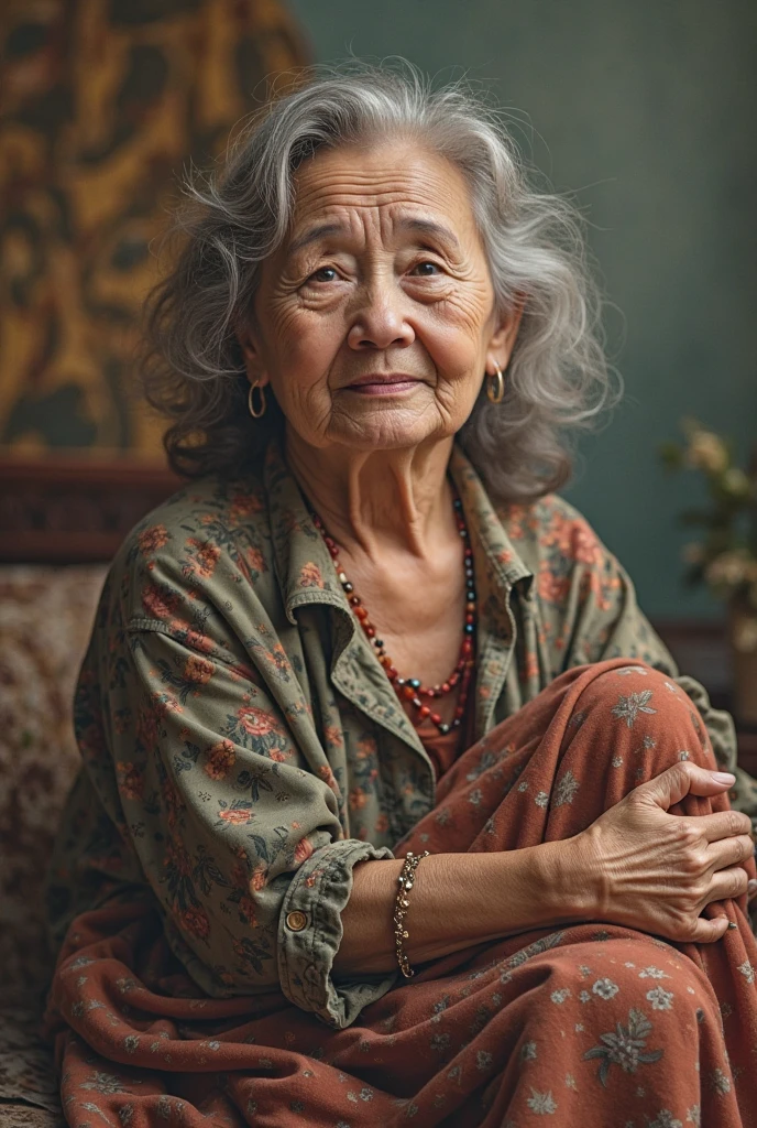 (old old woman:1.4), Gray hair,Chinese-style coiled hair, kind face, house wife, Auntie's look.Asia face,looking at the camera in,Wearing Chinese Zen clothing,The temperament is elegant,Perfectly Centered Portrait Photo,calm expression