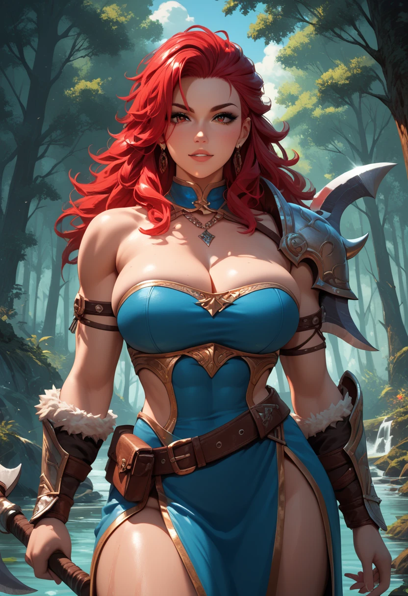 A beautiful and sexy viking raider woman dressed in wolf armor, heavy eyeliner, heavy eyeshadow, beautiful refined face detail, bright light eyes, aroused smile, mischievous glint in her eye, perfect legs, wonderful and innocent energy, adventurous spirit, Lucious braided red hair, atmospheric fog, ambient light, rim light, an overgrown mountain forest, big breast