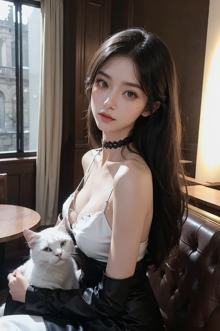 ((Night, Best Quality, 8K, Realistic)), Half Body: 1.4, Slender Abs: 1.2, (Long dark brown hairstyle, Medium Breasts: 1.2)), (Tight shirts, Tight shorts, Sleeping: 1.2, Cat, Holding a cat), (Indoor, Bed, Realistic bed background, Night lights), Highly detailed face and skin texture, detailed eyes, double eyelids, exposed a little cleavage, face looking at the camera, top angle camera view, solo shots, 1 person, (Holding the camera, Selfie: 1.2)