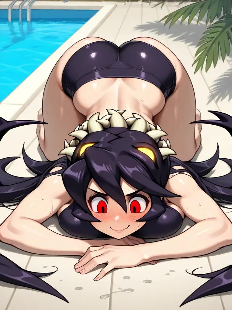 Filia, erotic pose, lying in the sand, full body, naked body, long hair, huge and detailed eyes, big boobs, tiny waist, wide hips, big ass, opened legs, beautiful lady hands, long legs, covering her nakedness with her hands.