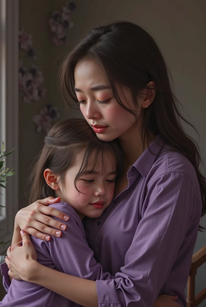 A little boy sits on his mom's lap, as she patiently teaches him to read a book. They are both dressed in comfortable clothing - the boy wears black shorts while the mom is in a white skirt. The scene takes place in a cozy classroom.