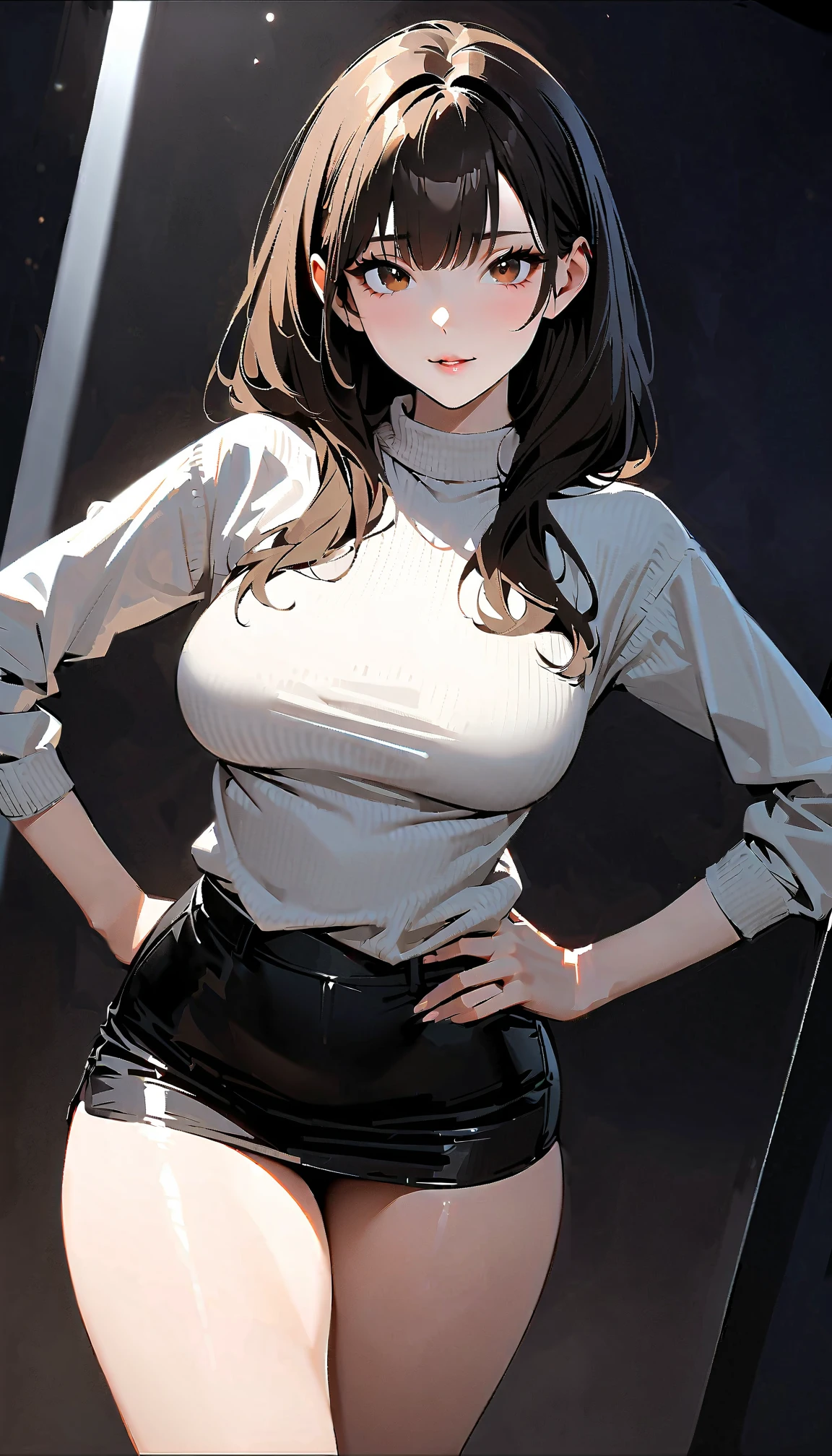 (high quality, 8k, 4K, high contrast, artwork:1.2, high quality, best aesthetics), (dynamic angle), ((1 woman)), erotic, sensual, mature body, super detailed, beautiful face detailed, beautiful eyes detailed, detailed beautiful mouth, sexy body, perfect breats, perfect wide thighs, dark brown hair, long dark brown hair straight and combed, short bangs, brown eyes, long eyelashes, calm facial expression, simple pink tiara in the hair, simple gray sweater, skirt Short black skirt, standing, erect posture, looking at viewer, centered, bedroom.