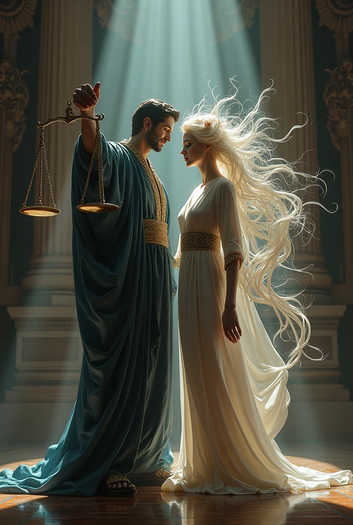 Create an image depicting the intense struggle between Desire, Reason, and Justice, personified as distinct figures. Show Desire as a charismatic and tempting figure, with seductive symbols or objects. Represent Reason as a calm, thoughtful character holding a book or scales, embodying logic and balance. Illustrate Justice as an authoritative figure wielding a sword and scales or a gavel, symbolizing fairness and moral order. Position these figures in a dynamic confrontation, with Desire and Reason engaging in a tug-of-war or debate, while Justice intervenes or oversees the struggle. Use contrasting lighting and colors to emphasize their distinct roles and the moral tension between them.






