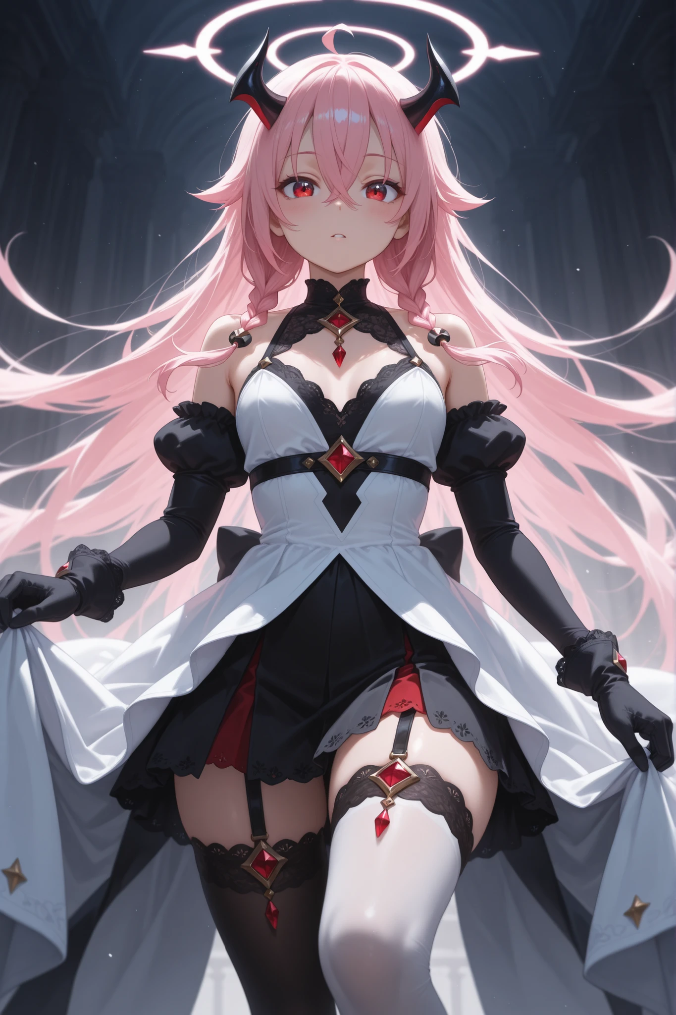 (zero_two_001:1.4), thicc school 1girl wearing thighhighs pleated skirt, skirt pull, skirt lift, revealing panties, short skirt, gorgeous features, clear face, symmetrical face, beautiful face, rendered eyes, detailed eyes, beautiful hair, smile, long legs, [thick|slender] bare thighs, thigh gap, natural breasts, symmetrical breasts, perfect breasts, anatomy, athletic, fit, in shape, exotic, alluring, mature, masterpiece portrait, extreme detail, (character focus:1.4), highly detailed, 8k octane, HDR, ultra detailed, best quality, highest quality, realistic lighting, hyperdetailed