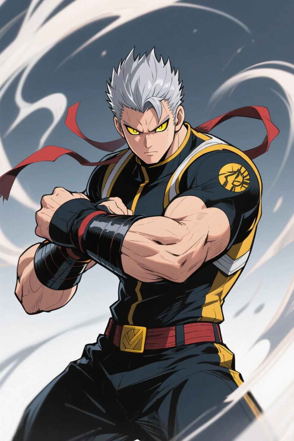 My hero academia style anime boy thin , white hair similar to deku's , slanted eyes and white pupils with thin eyebrows