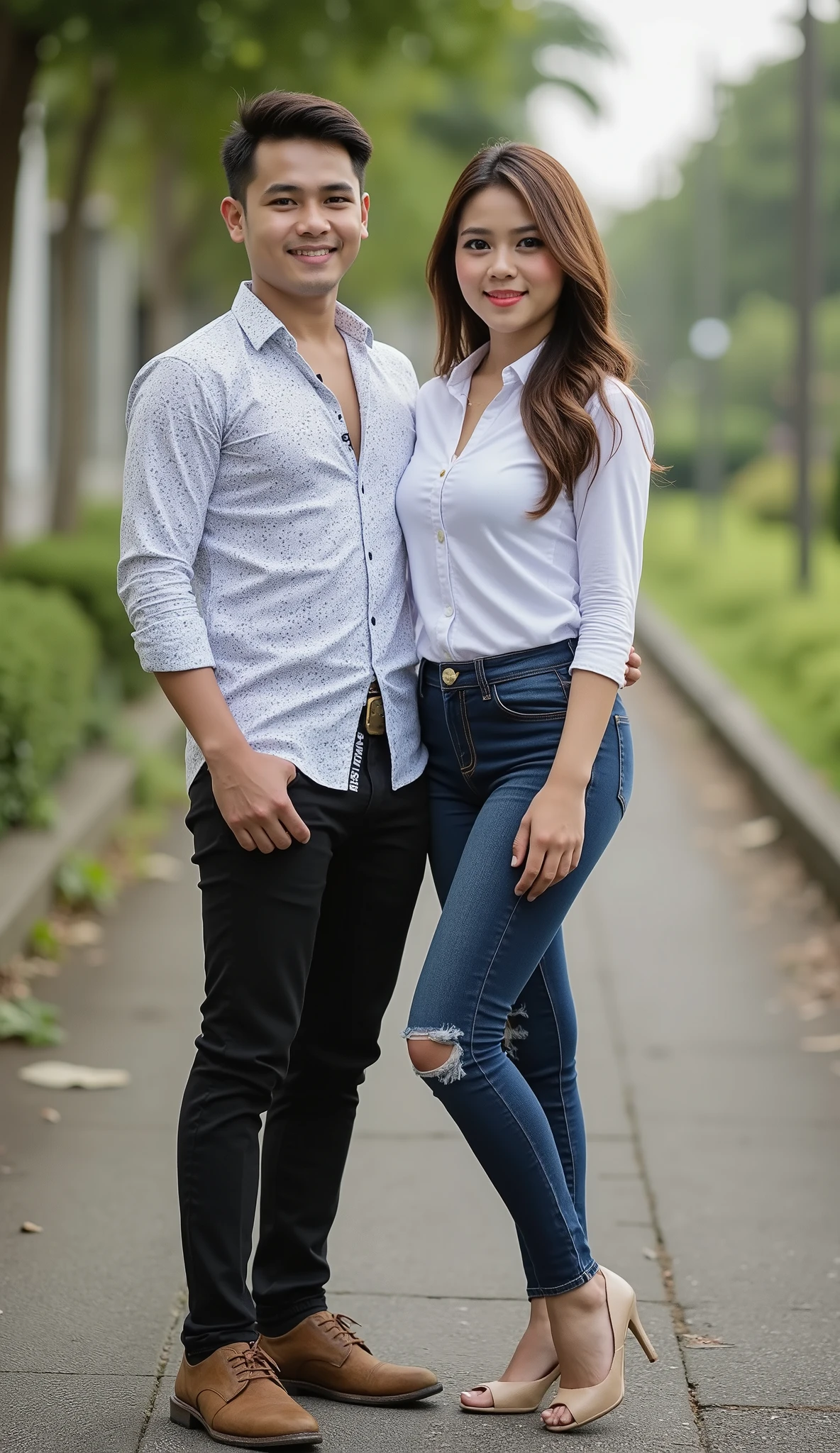 an Indonesian man and an Indonesian woman standing next to each other, an image, inspired by Adam Dario Keel, which is trending in the cg community, a handsome young Indonesian man with a beautiful young Indonesian woman with wavy hair, a man dressed in a shirt with shoes and a woman dressed in a shirt and skinny jeans and heels. singer, movie screencap, model elisajes from acquamodels, ultrarealistic, 32k