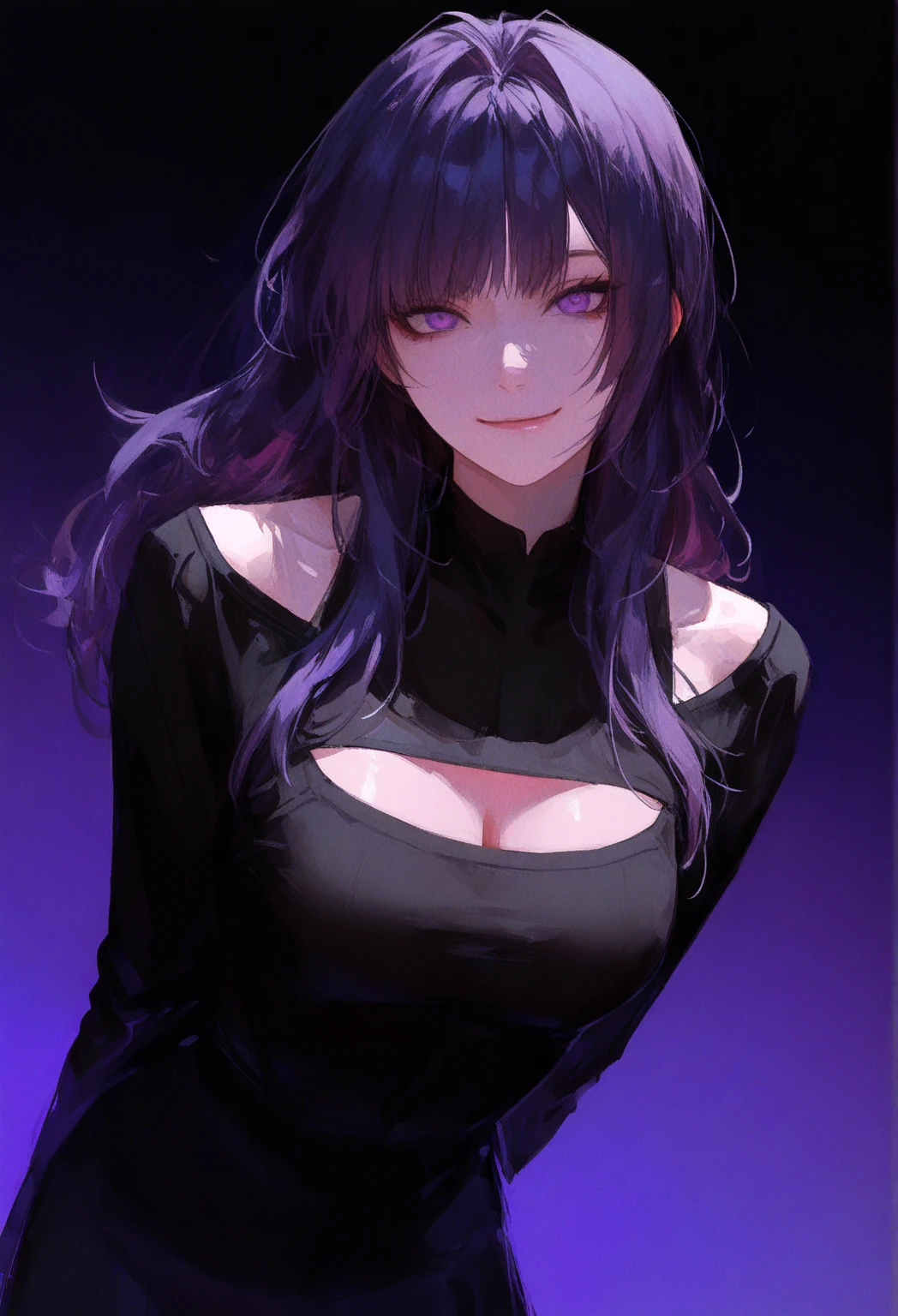 (best quality, 8k, 32k, masterpiece, UHD:1.2), highres, sharp focus, detailed outfit, beautiful detailed hair, delicate details, 1 girl, long hair, straight hair, (multicolored hair, gradient hair, two-tone hair, black hair, purple hair:1.2), purple eyes, blue earrings, parted lips, blush, large breasts, pajama, cleavage, cute, shy, sweet, indoors, night, dim, bedroom, bed, window, curtains, dynamic pose, dynamic angle, looking at viewer, nice hands, perfect hands, outfit-gls, sweater, high-waist skirt, long skirt