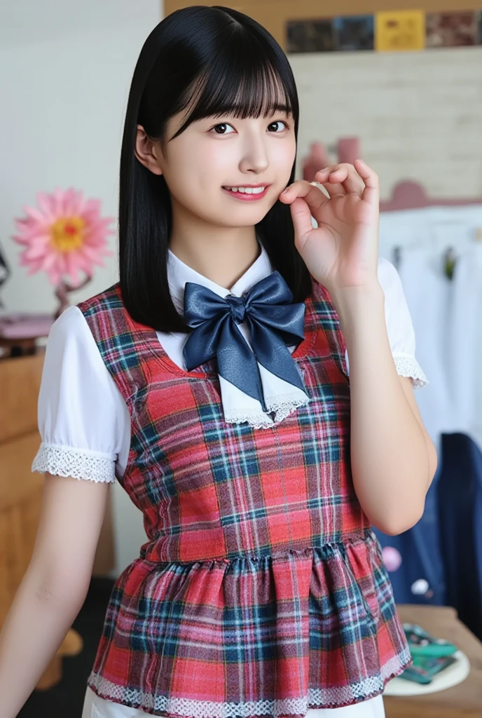 little young girl.................,, in front of the school、Connect to skirt with suspenders、White shirt with long sleeves、Plaid skirt , nice and cute, Innocent smile, , Lovely smile 、 with short bob、Pose cutely , 8 year old , big breasts , red knot , red bow , twin tails hair , waistband of skirt is at the point above chest
