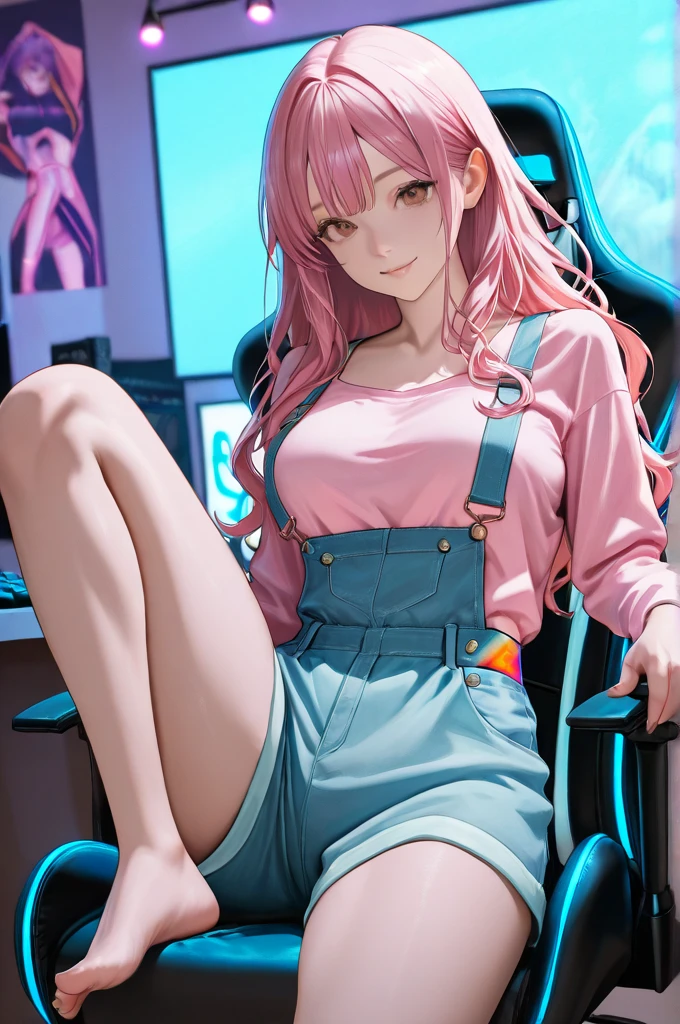 (masterpiece), (best quality), (ultra detailed),(disheveled hair),(illustration), (realistic), beautiful and cute gamer girl with white and smooth skin, thin body, red cheeks, elegant, pink hair, The gaming room, sitting on a gaming chair,wearing e-sport t-shirts, wearing shorts, Asian girl.