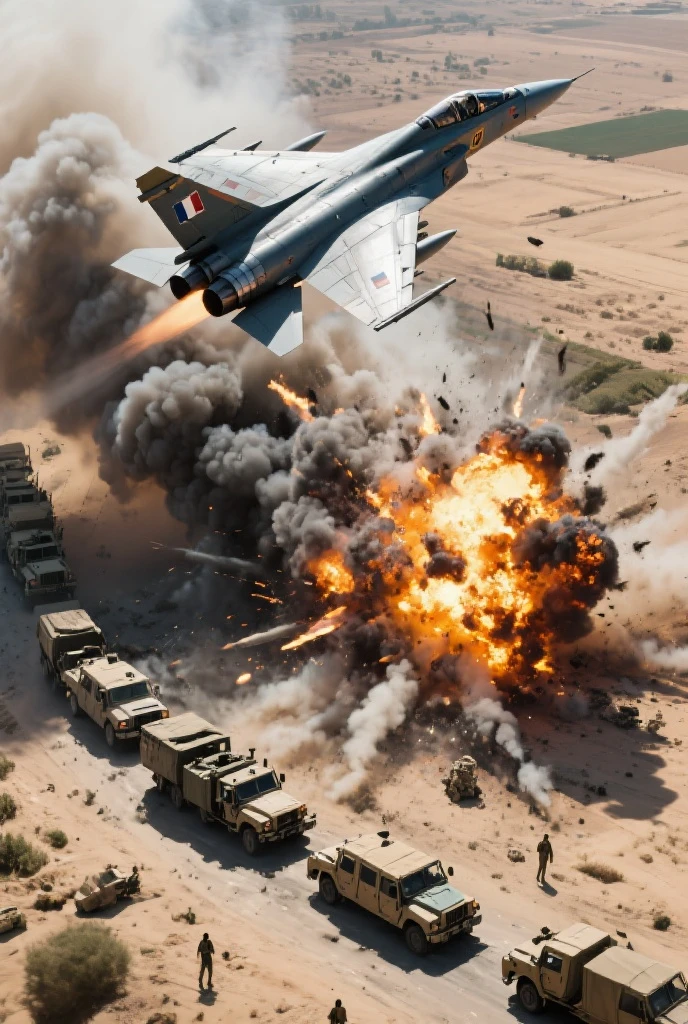 "Generate a visually stunning 4K image depicting fighter jets launching a devastating attack on a military camp amidst a bright daytime setting. Showcase the jets streaking through the sky with precision as they release their payload, resulting in a massive explosion at the military camp below. Ensure the image captures the intensity and scale of the attack, with vibrant colors and crisp details characteristic of 4K quality. Convey the chaos and destruction of the scene, with billowing smoke and debris adding to the sense of realism. Immerse viewers in the action, leaving them captivated by the dynamic and high-definition imagery."