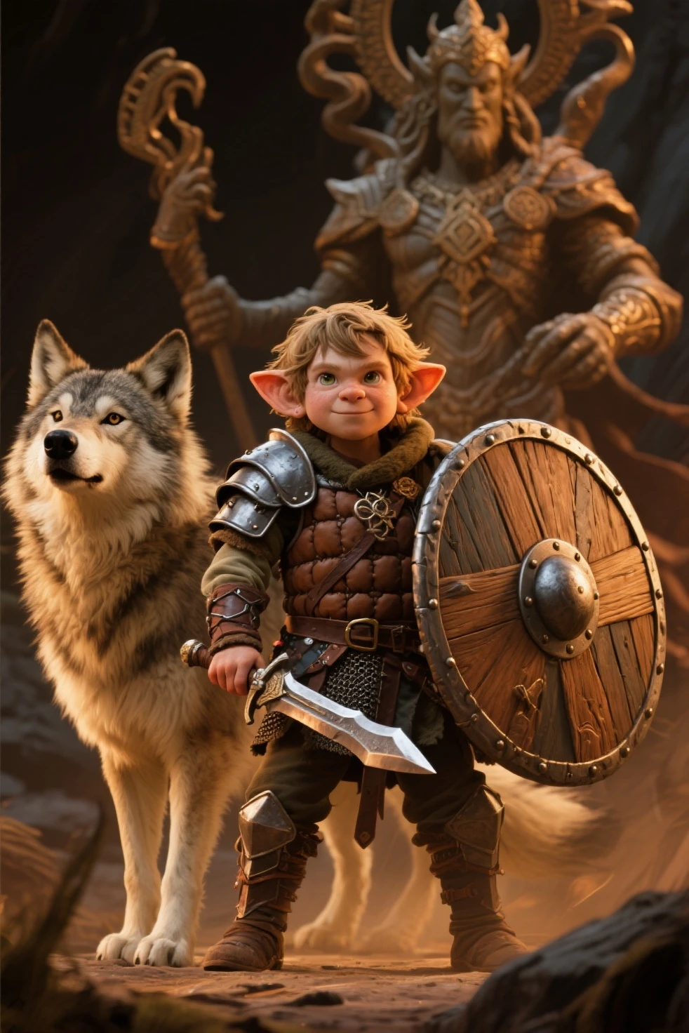 (best quality,4k,8k,highres,masterpiece:1.2),ultra-detailed, female gnome, short blond hair, blue eyes, light blue scarf with white stripes, khaki cargo shorts, green vest, wielding an orbstaff, RPGGnome, short girl, small girl, HDR, 8k, absurdres, cinestill 800, sharp focus, add_detail:2, (solo, woman)