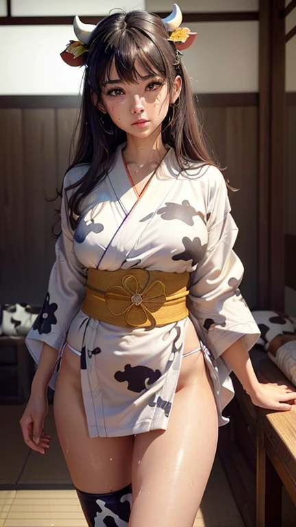 ((Extremely detailed CG unit 8k wallpaper, Masterpiece, high resolution, top quality, top qualityのリアルテクスチャスキン)), ((a very beautiful woman, seductive facial expressions, plump lips, upper part of body, Japanese style short outer box, Japanese pattern mini shorts)), (Messy black hair, white skinned, small), ((Colored background design, Japanese pattern background, chill, White background)), Ink painting, Surreal, Digital painting, concept art,