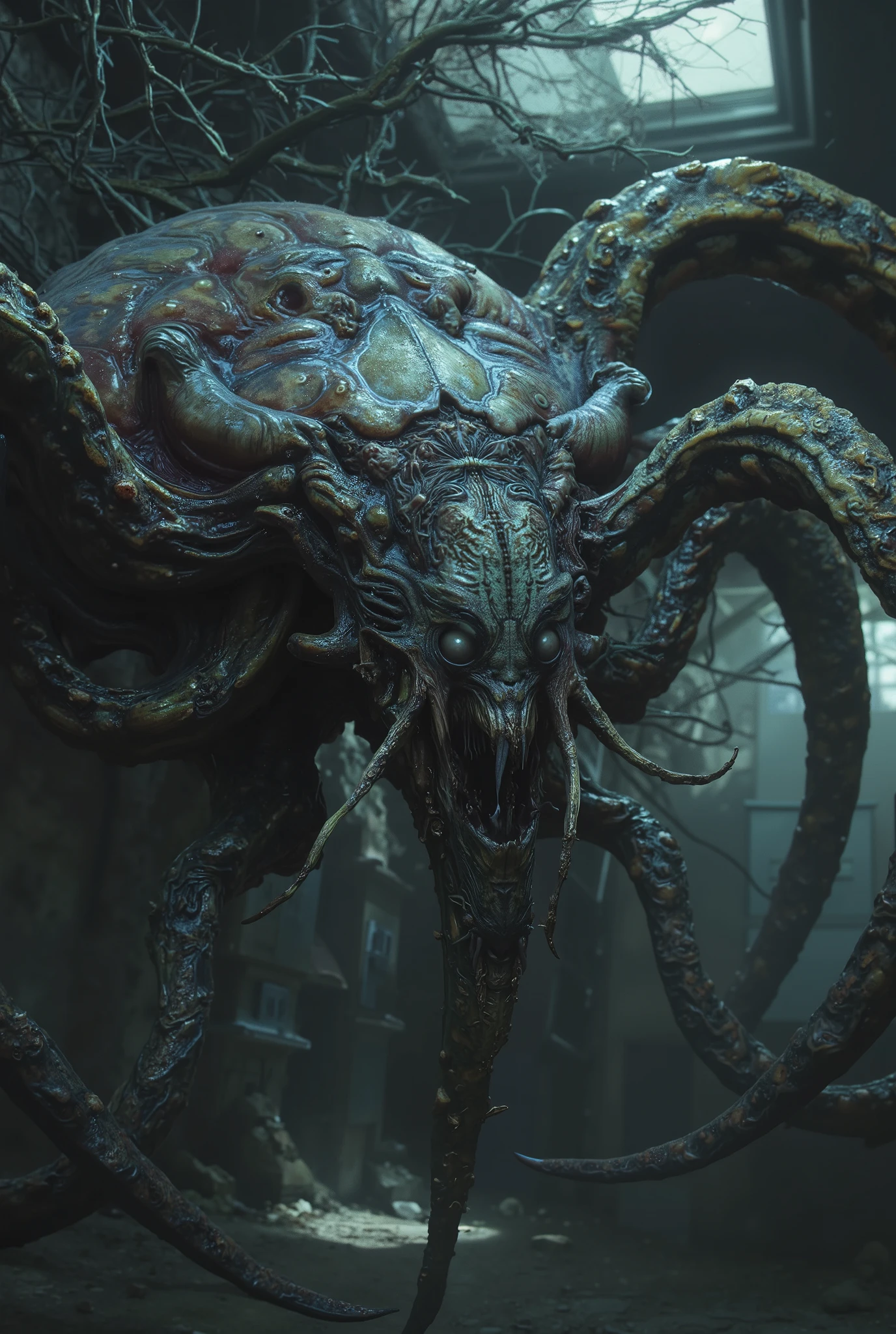 an erotic fearsome monster, grotesque hybrid creature, part snail part beautiful human female part Ammonite part octpus, beautiful humanoid snail, uncanny genetic fusion, disturbing amalgamation, twisted amalgam, unsettling abomination, bizarre entity, unnatural monstrosity, disturbing hybrid, ghastly creature, sinister hybrid, eerie entity, unsettling hybrid, disturbing abomination, photorealistic, hyper-detailed, ultra-realistic, 8K, cinematic lighting, dramatic atmosphere, dark fantasy, vivid color palette, horror, surreal, nightmarish, gothic, chiaroscuro, dramatic lighting, moody, ominous, sinister, foreboding, shrouded in shadows, dramatic focal point, dramatic angle, dark and gritty, horror-inspired, macabre, grotesque, disturbing, unsettling, nightmarish, twisted, sinister, eerie, otherworldly, dark, grim, haunting, ominous, foreboding, dramatic, intense, cinematic, iridescent skin, neon colored, Tentacles