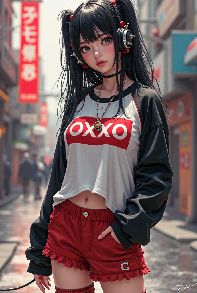 ''Girl standing in the main door of the viewer, looking at the viewer, dwarf girl smiling somewhat blushing, with freckles, red eyes and long black hair, white top t-shirt, with a short black skirt that makes see her black panties, black thighs, with a black and red bracelet, slender body, with medium breasts and medium ass, large thighs, and very attractive physical appearance, nsfw.''