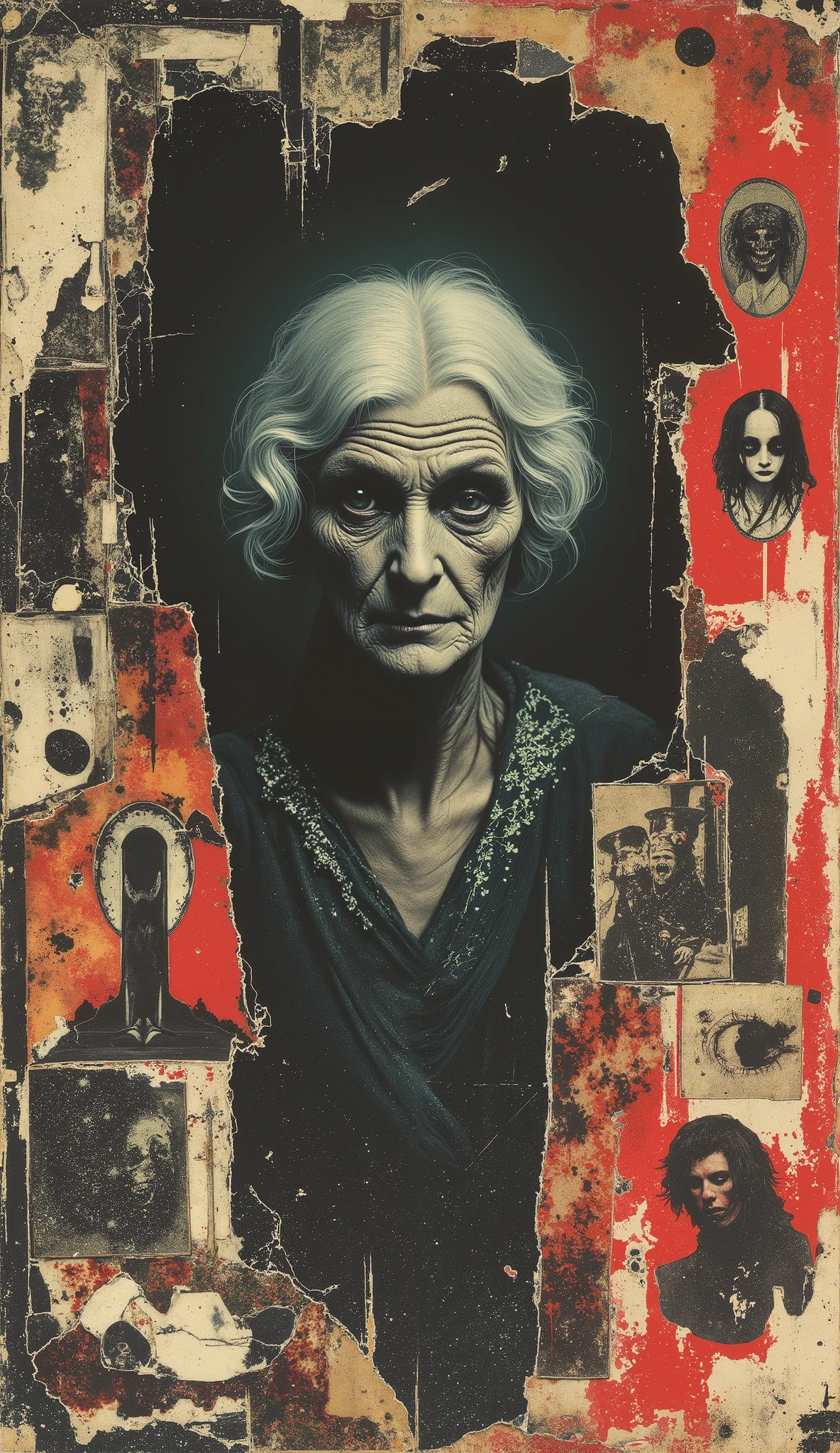film(1929), directed by Luis Buñuel, Surreal retro collage artwork composed of cutouts from vintage horror magazines, chaotic and rebellious composition, torn paper textures, bold pop colors, absurd juxtapositions, sinister nostalgic aesthetic. Hidden within the vibrant, there is a very, very old strange woman with black and white black and white hair — subtly integrated, fragmented and partially obscured, immovable in the midst of chaos. At first sight, imperceptible, but revealed upon closer inspection. It evokes mystery and contrast, combining nostalgia with silent rebellion and horror.