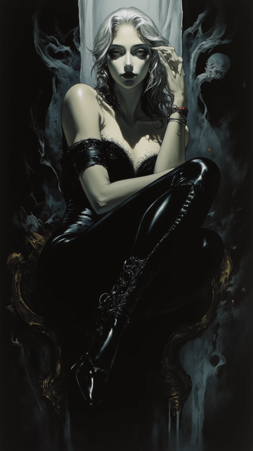 (full body:1.3),((Sexy glamour shot:1.4)), Sitting, legs crossed. ((ultra realistic illustration:1.3)), Beautiful 24 yo woman of Irish descent. athletic figure,(pale:1.4)complexion. raven black hair, green eyes, cute butt, nice legs. Kind eyes,(joy:1.3),(smile:1.2). Red lipstick, sheer lace lingerie, stockings, high heels. Flirty. Masterpiece, (highly detailed:1.2),(detailed face and eyes:1.2), 8k wallpaper, Moody lighting. core shadows, high contrast, bokeh.