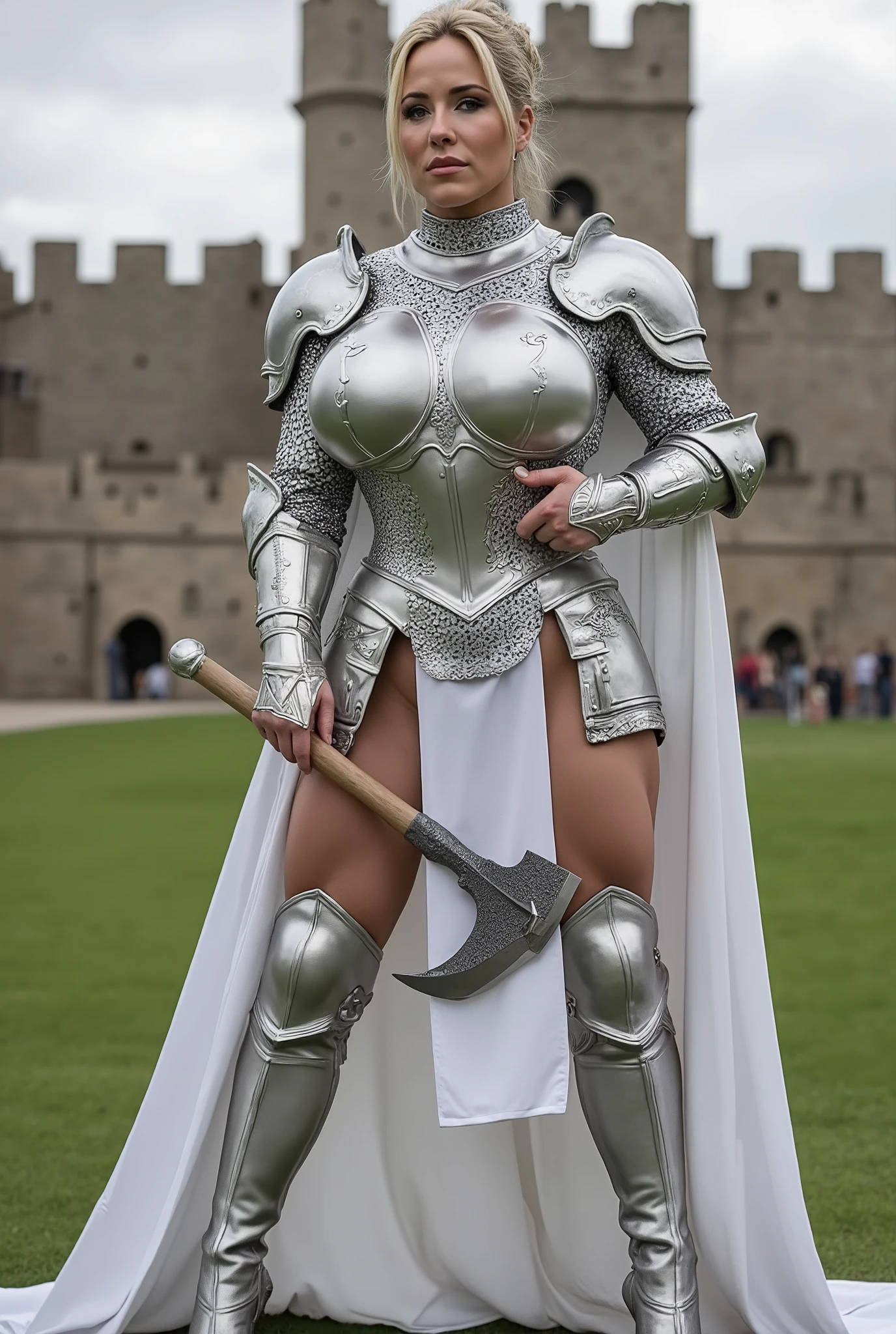 A Medieval Female Warrior, Elegant, Medieval, Silver Medieval Knight Helmet, Unrealistic Large Breasts, Wide Hips, Thin Waist, Full Micro Sexy silver armor with a cleavage and white cape, Holding a Battle Axe, Sexy Body, Defined Muscles and Abs, Lean Muscles, Long Hair, Fortress Background, Full Body, High Quality, Better Quality, Realistic.