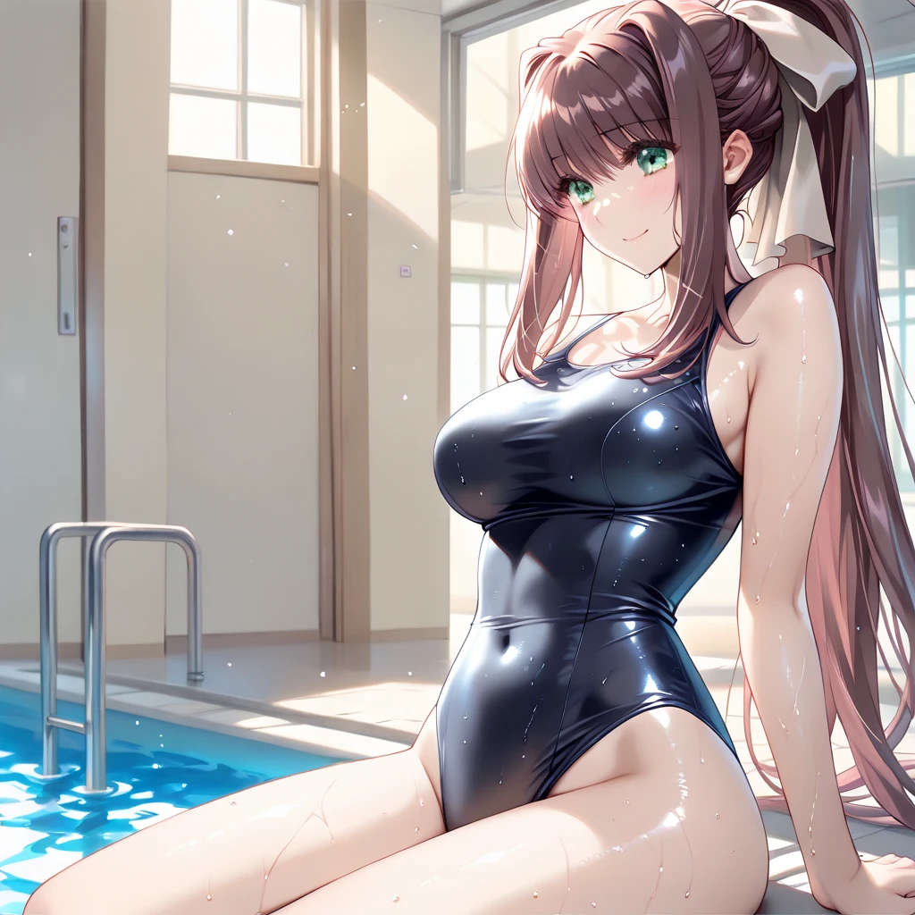 masterpiece, highest quality, High resolution, 1 girl, brown hair, long hair, bangs, twin tails, brown eyes, big breasts, ((Dark blue one piece school swimsuit)), bare hands, barefoot, embarrassed face, school classroom, Sit on the floor with your crotch open
