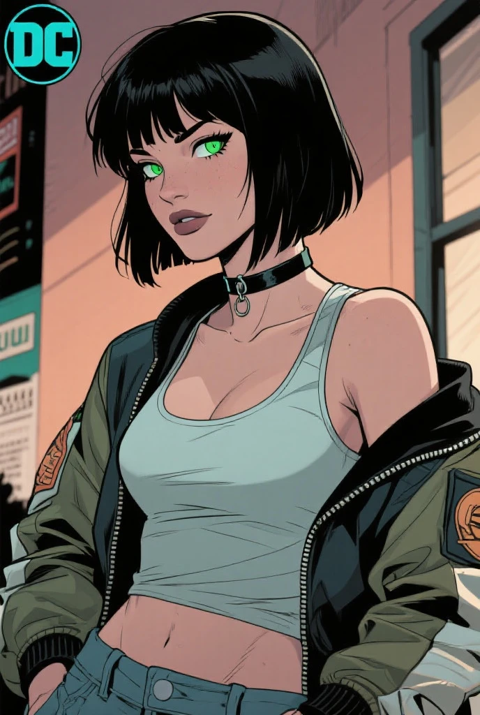 vector image, 2d cartoon,masterpiece, An anime woman,colored hair,jeans, leather biker jacket, blouse, sensually touch herself between legs, provocative pose, orgasm expression, forest, crop-top, pulls down on knees, near car wheel