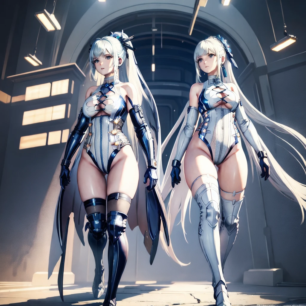a woman in a white cape and black boots ,(((holding a long silver sword))),(((3D anime style))),extremely detailed artgerm, female knight, (((white verylong hair))),(((pritty detailed face))), (((Beautyfull detailed blue eyes))), pointy ears ,aly fell and artgerm, style of artgerm, ig model | artgerm, as seen on artgerm, of a beautiful female knight,(((female body with nice curves))), beautiful female knight, style artgerm, (((armor girl made from cristal))), gorgeous female paladin ,standing in front of a door ,in a room whit walls painted in blue, inside a palace,(((extremely destailed image)))