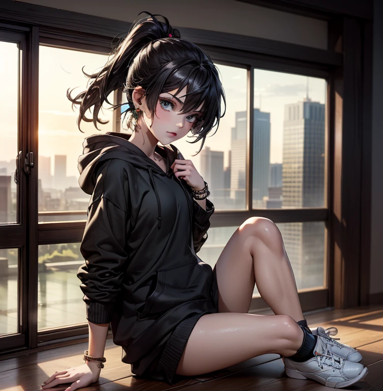(Best Quality,4K,8K,hight resolution,masutepiece:1.2), Ultra-detailed, (Realistic,photoRealistic,photo-Realistic:1.37), ((cowboy shot)),(full body)),((slender body)),((sitting)),((hold one’s knees)),((very-short-hair-girl)), Wearing sweat,grin,((sports bra and black leggings)), wristbands,((White loose socks)),((socks over the leggings)),((Black sneakers)),Beautiful detailed eyes, Beautiful detailed lips, extremely detailed eye and face, long eyelashes, Realistic anime 3D style, Smooth Anime CG Art, Digital rendering by Makoto Shinkai, Moe Anime Art Style, photoRealistic rendering of an anime girl, Shinkai Makoto style, Cute anime girl visuals, Realistic young anime girl, girl fan art, Created by Anime Artist&#39;studio of.