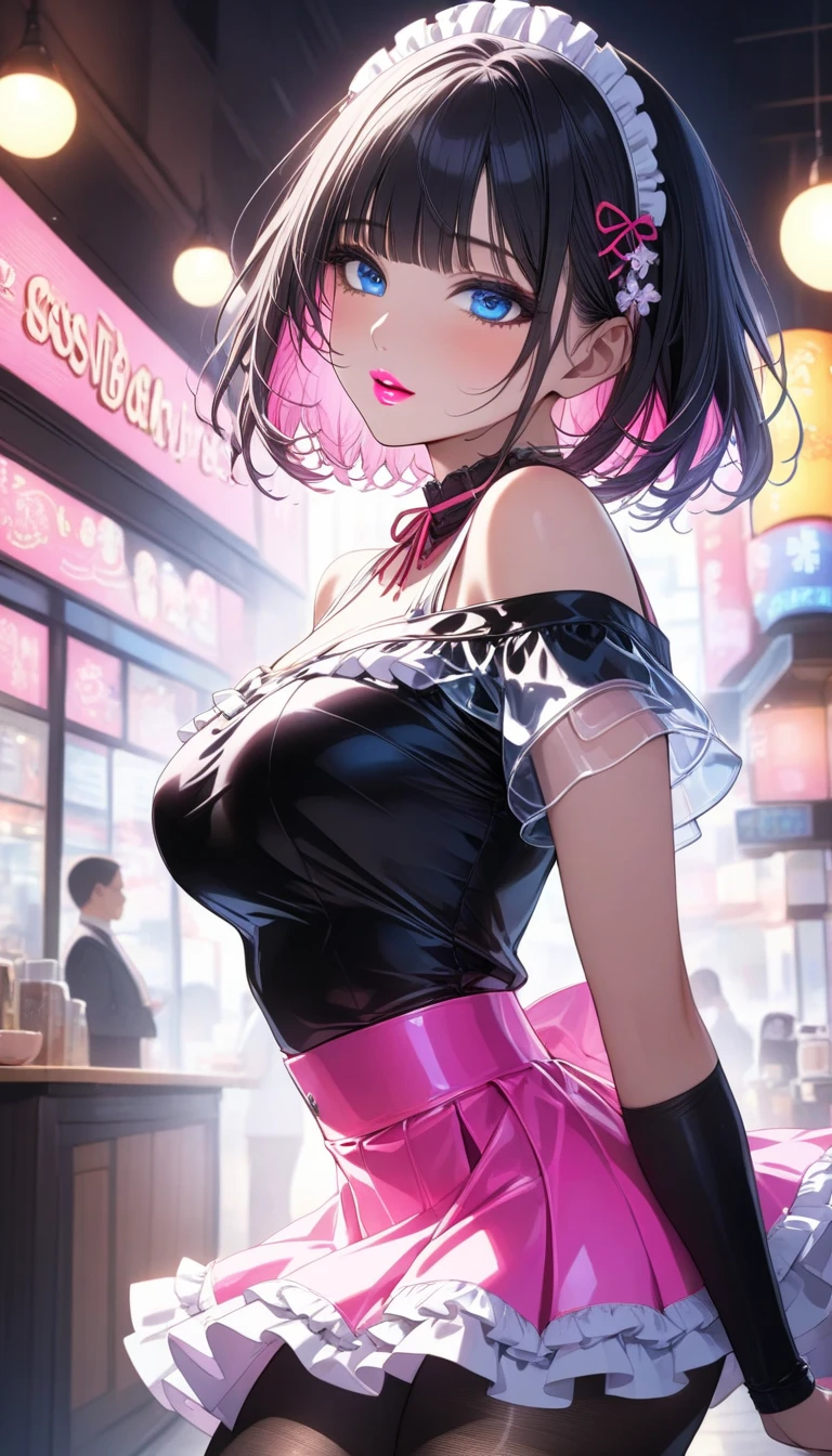 maid girl,((1girl)),((maid girl with extremely cute and beautiful black hair)),

(large breasts:1.4),bountiful breasts,fluffy breasts,H cup bust,bust up,bulging bust top,(((black bob hair:1.35,colored inner hair,short hair,ear breathing))),((heterochromia:1.5, (purple_eye and blue_eye))),big eyes:1.3,((fat)),(((lustrous skin:1.5,bright skin: 1.5,skin tanned,shiny skin,very shiny skin,shiny body,plastic glitter skin,exaggerated shiny skin,illuminated skin,wet legs))),(spider lower abdomen,narrow waist,wide hip,athletic body,inflated legs, thick thighs,detailed body,(detailed face)),

cute,slutty,seductive,erotic,((nsfw)),

zettai ryouiki,(maid headdresaid uniform,Headdresaid),sleeveless,mini skirt,boots,cleavage cutout,bare legs,clothes with a lot of lace frills,((wet clothes,intricate outfit,intricate clothes)),

(dynamic pose:1.0),solo focus,embarrassed,blush,sweat,((tears,open mouth)),moist eyes,(centered,scale to fit dimensions,Rule of thirds),

cyberpunk city by the ocean at night, with bright neon signs and dark stormy clouds and puddles, scenery:1.25,nighttime, starry night, cosmos,Very dark night that makes the neon lights stand out, very bright neon lights,nighttime, starry night, cosmos,

artistic photography,(photography taken by sldr),highres, sharp focus,(ultra detailed, extremely detailed), (photorealistic artwork:1.37),(extremely detailed CG unity 8k wallpaper),((synthwave background theme)),(((vibrant colors))),intricate,(intricate background),(masterpiece),(best quality),perfect rendered face,perfect face details,realistic face,photo realistic,analog style,((intricate detail)),(((realism))),
