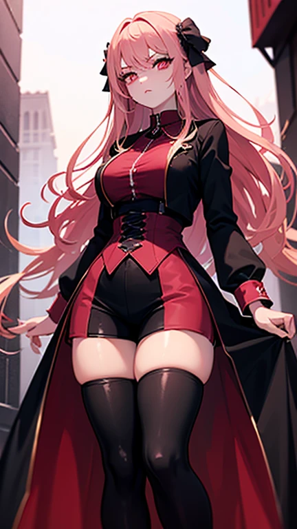 Sexy vampire pink hair, red eyes, fangs, sharp nails, blood on face, dressed Japanese high school clothes, anime style, full body image