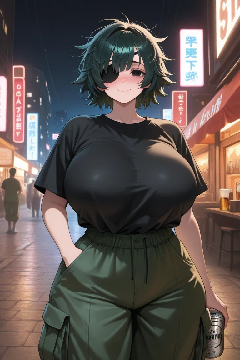 masterpiece, erotic , nsfw, 18+, mommy, best quality, highres, aarurutie,1girl,((((nude))(), necklace, cleavage, standing, smile, open mouth, short dark green hair, curly hair, green eyes,off shoulder, dynamic pose, night time, summer festival background