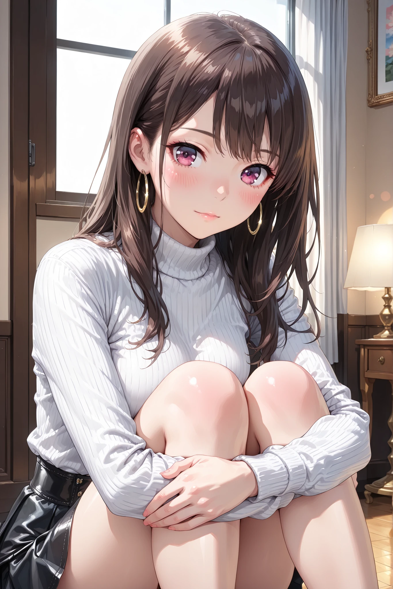 8k, ultra high resolution, hyper-detailed, anime style, cinematic lighting,
(anime woman:1.3), (medium-framed portrait just above knees up:1.1),
(fitted light gray ribbed turtleneck sweater hugging torso:1.2), (fine knit texture visible:1.0),
(high-waisted black pleated faux-leather mini skirt above mid-thigh:1.1), (slender legs:1.1),
(natural warm skin tones with microtexture:1.1), (clean skin with soft sheen on collarbone:1.0),
(long loose dark brown layers with chestnut highlights:1.2), (wispy bangs framing face:1.0),
(bright engaging eyes with serene gaze:1.1), (minimal natural makeup with matte complexion and soft peach blush:1.0),
(neutral pink lip tint:1.0), (individually defined eyelashes:1.0), (small gold hoop earrings:1.0),
(camera eye level 85mm f/2.0 lens shallow depth of field creamy bokeh:1.0),
(soft diffused key light with gentle fill and rim light accentuating hair contours:1.0),
(modern interior with light hardwood flooring, white walls with vertical wood trim, matte metal window casting diffused daylight, brass floor lamp with cream linen shade:1.0)