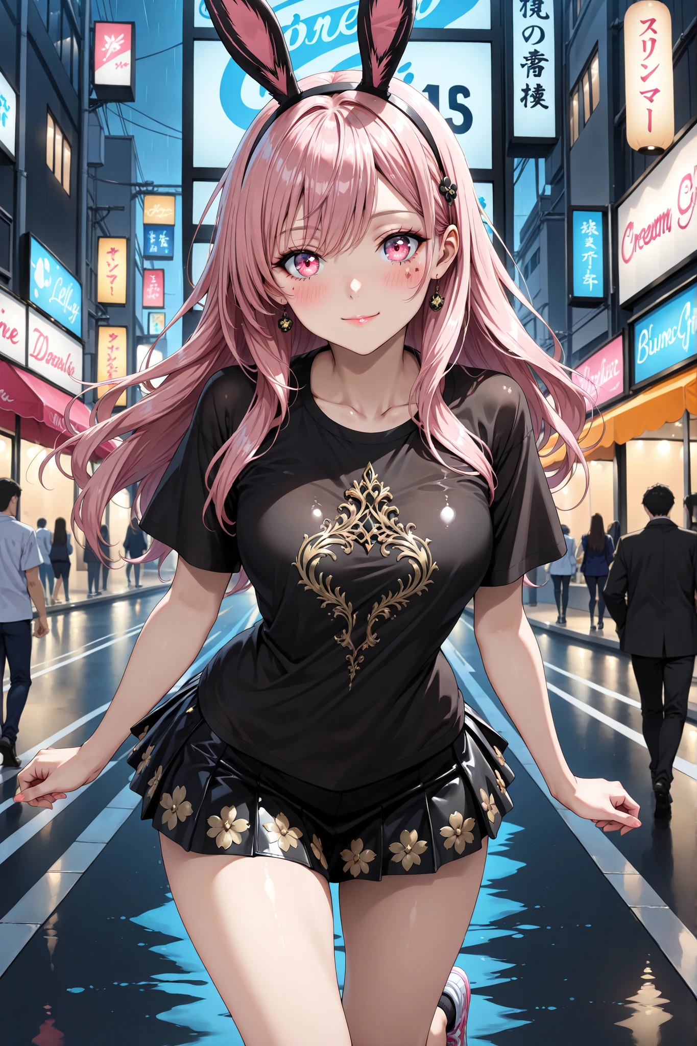 8k, ultra high resolution, hyper-detailed, anime style, cinematic lighting,
(anime woman:1.3), (medium-framed portrait head to mid-thigh:1.1), (slender figure:1.1),
(long loose gold hair with neon rim light:1.2), (bright engaging eyes with soft smile:1.1),
(natural warm skin tones with fine microtexture:1.1), (minimal natural makeup matte base:1.0),
(soft peach blush on cheeks and lids:1.0), (nude pink lip tint:1.0), (individually defined eyelashes:1.0),
(black cropped performance T-shirt with “DVE” print:1.2), (black floral mesh micro mini skirt:1.1),
(realistic bunny ears headband ivory fur pink lining:1.0), (white street sneakers with black accents:1.0),
(camera eye level 85mm f/2.0 lens, shallow depth of field, creamy bokeh:1.0),
(bustling neon-lit city street at night with blurred pedestrians, glowing storefront signs, vertical neon marquees, rain-darkened asphalt reflections:1.0)