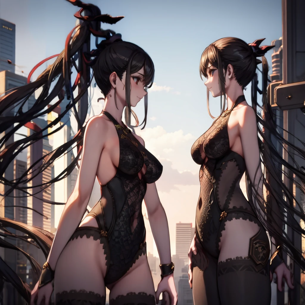 (Yor Forger, spy x family, black hair, black stockings, Yor, Looking at Viewer, blushing, Black hair, Red Eyes, Jewelry, 鎖骨, side locks, white hairband, earrings, short hair), strip club background, (dark background), moody background, pole dancing in a strip_club_venue, (covered in dollar bills:1.25), watched by a crowd of men wearing suits, in a strip_club_venue, a bar with a lot of lights and a lot of chairs, Yor in foreground, other dancers in the background, blonde background dancers, 8K, top less, yor walking, holding tray, black lingerie, translucent lingerie, ((Realism:1.5)), Venus Body, (true to life:1.2), best quality,tmasterpiece:1.2, high detail, realistic skin, blond hair, ponytail, braid, (full body shot shot:1.1), rendering by octane, Extremely detailed CG, Unity 8k wallpaper, She has massive breasts, Big ass full breasts, (Studio soft light, rays of sunshine:1.2), ((huge tit:2.5)), ((gigantic cleavage breasts:2.5)), erect nipples, Has huge sagging breasts, Breasts enlarged, Overflowing breasts, Camel hooves, (Garter stockings), wet tongue, drooling, detailed saliva, vibrant colors, realistic lighting, high heels, full body shot, Forward-facing, spreading their legs, Raise both hands, hyper realistic detailed, Giant Breast Girl, (being thin:1.3), detailedbackground, (sobu:1.1), best quality, realistic, physically-based rendering, moisture running down the body, glistening skin, sweating, beads of sweat