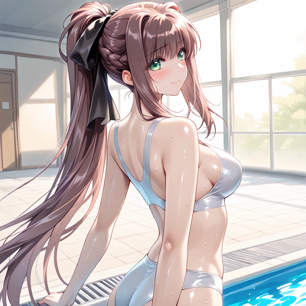 (((masterpiece, Highest quality, High resolution, 超High resolution, Perfect Pixel, Depth of written boundary, 4K, RTTX 10.0))), Beautiful Anime Women, Beautiful art style, Anime characters, ((Smooth texture, Realistic texture, Anime CG Style)), Exact finger count、Exact number of legs、(Exact number of arms:1.0, Exact number of hands:1.0), (Perfect hands, Perfect Anatomy.1.5), Cinematic, Realistic, Extremely detailed CG, Daytime lighting, Perfect lighting, Best Shadow, The best natural light, Perfectly balanced style, Perfect body, (Long Hair, Brown Hair, ponytail), ((1人の女性のGet out of the pool後ろ姿:1.5), (Sexy and cute magenta underwear, Shiny satin side-tie full-back panties, Panties with lace trim around the edges, micro lace bra, Lace-trimmed bra:1.3), (From directly below), (Get out of the pool, Poolside, Inviting ass:1.3)