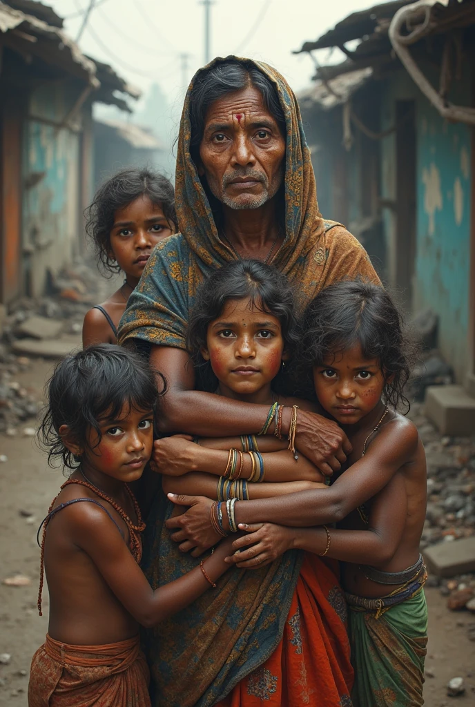 Indian poor family face on front