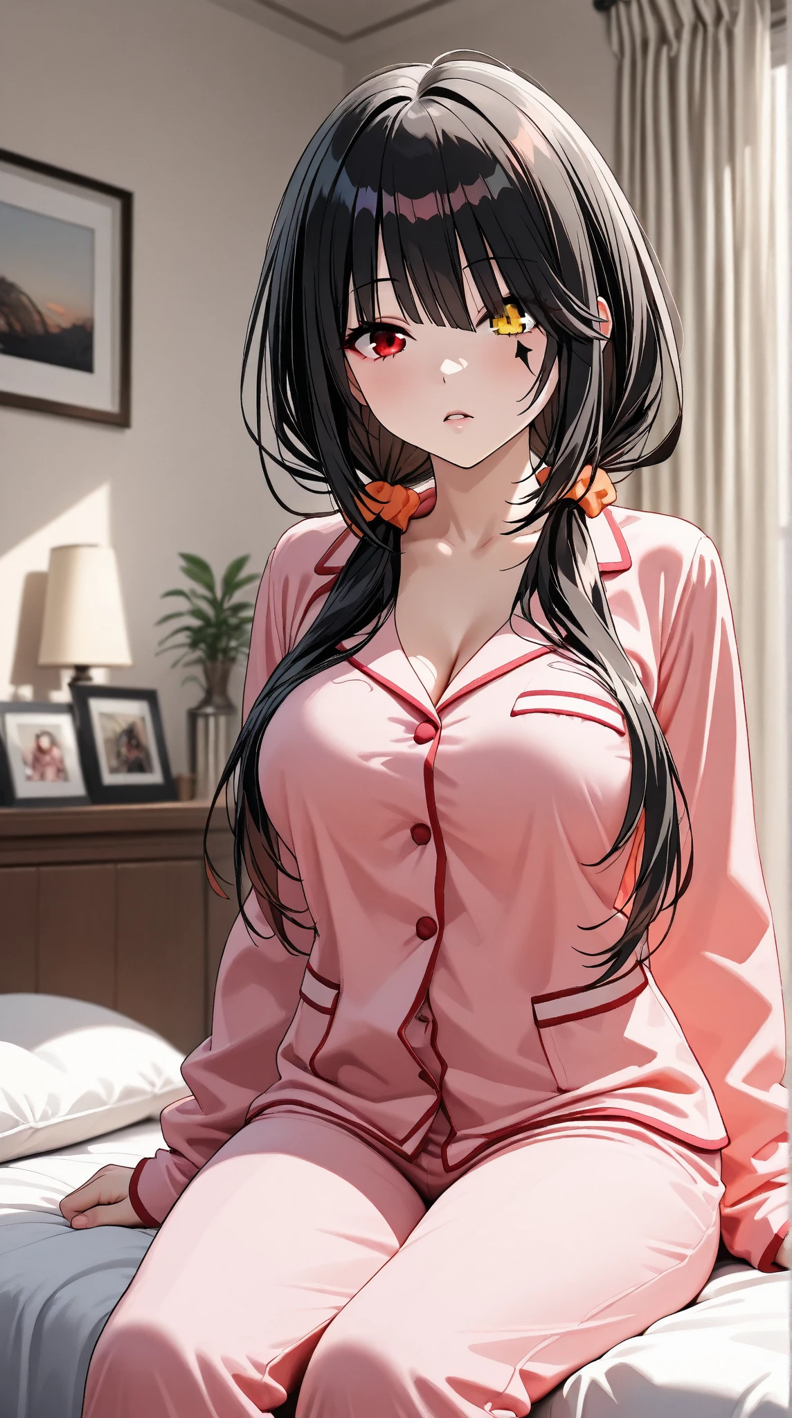Beautiful girl having her tits fucked by a peniasterpiece,Highest quality:1.3,Highest qualityのイラスト)),Realistic,Cowboy Shot,solo,1 Female,(25 year old beauty),Long black hair,Long Hair,bangs,Red 0 eyes,(Gorgeous big eyes),((very small head:1.3)),shy,((Very long body:1.2,skinny)),((Sunburn:1.2)),Burst breasts、Pajama dresses、Sweat,Glowing Skin,Slender body,Sitting,Simple bed、Simple hotel bedroom、