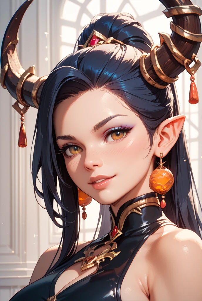 masterpiece, best quality, 1girl, solo, draenei, glowing eyes, colored sclera, tail ornament, hooves, white skin, blue eyes, black hair, shiny silver pouty lips, leotard, (tentacle hair:0.8), close-up, upper body, hair ornament