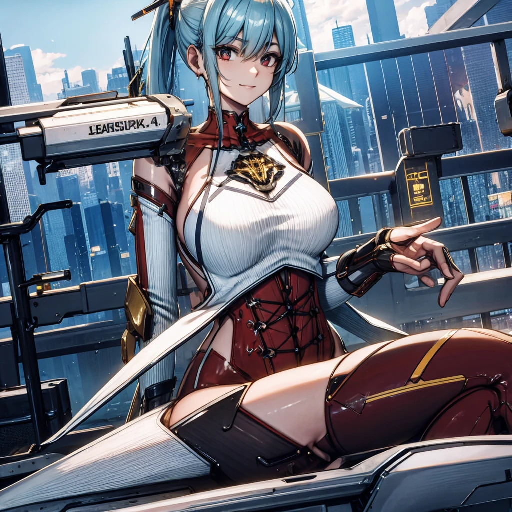hyper quality、8K quality、High resolution、Image quality taken with a single-lens reflex camera、(SFW)、perfect anatomy、(Crimson theme)tragic mecha girl、A beautiful 20-year-old girl with medium-length blue hair.brown eyes(smile:1.5)(Good shape and normal breasts、cleavage:1.2)、(White Bikini Swimsuit:1.2)BREAK(The arms below the elbows and the legs below the knees are three-dimensional mechanical parts.)BREAK(perfect anatomy:1.4)(sitting:1.2)BREAK(Sunny skies and some clouds)(Poolside resort:1.5)