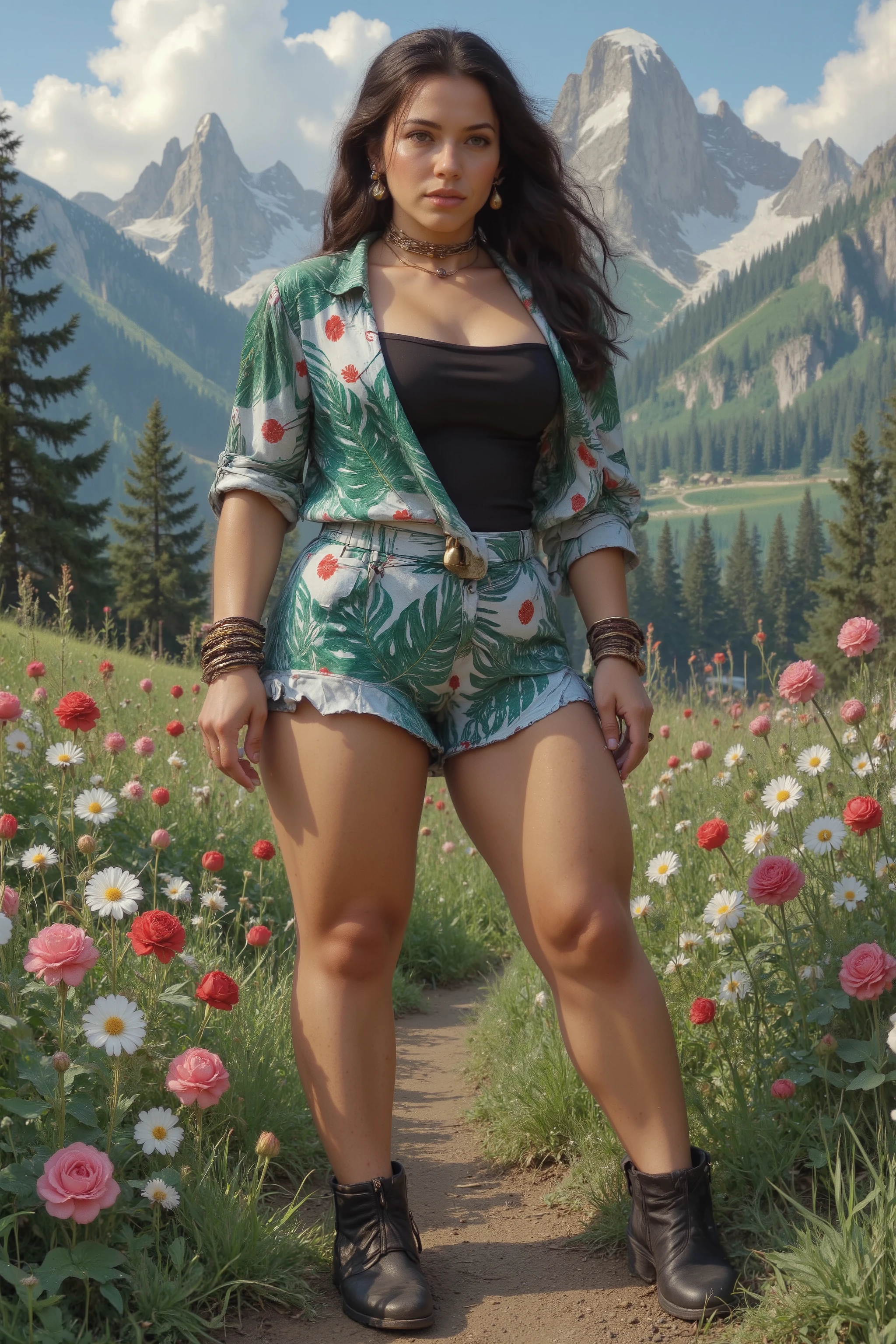 Full body photo, from head to toes, of a gorgeous young woman, muscular and voluptuous. She's posing on a flower field at the Alps. Her very long hair is beautifully styled. She has muscular thick thighs, wide hips, perky fit plump ass, slender waist, highly defined body features, highly defined muscles, (huge, swollen, milky breasts). She has extremely detailed realistic natural skin with skin pores, skin indentation, shiny skin, perfect skin, perfect face, perfect hands, perfect eyes, perfect feet, ultra detailed body, ultra detailed face and eyes, ultra detailed feet, desire, provocative, excitement. She wears a sexy spring themed full dresswear set - a mountain uniform, styled mountain footwear and rich intricate jewellery: a slave collar with a cowbell, bracelets, armlets, earrings and rings. It's a windy spring day. Painstaking attention for details. blue sky, nature, panorama, landscape, harsh sun and shadows, ray tracing, UHD, HDR, 16K, DSLR, photorealistic, masterpiece, award-winning.1890583967